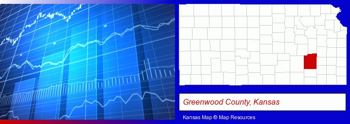 a financial chart; Greenwood County, Kansas highlighted in red on a map