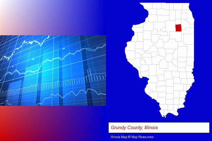 a financial chart; Grundy County, Illinois highlighted in red on a map