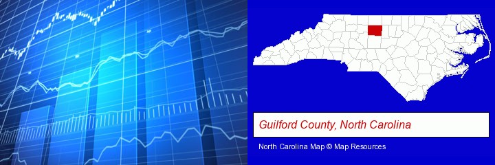 a financial chart; Guilford County, North Carolina highlighted in red on a map