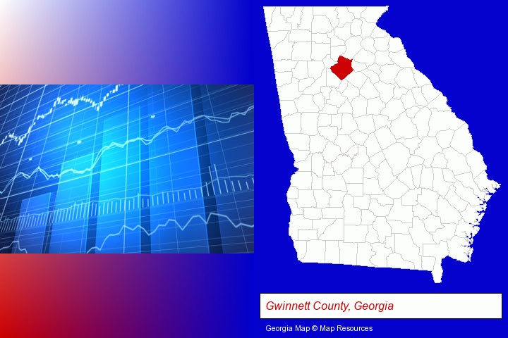 a financial chart; Gwinnett County, Georgia highlighted in red on a map