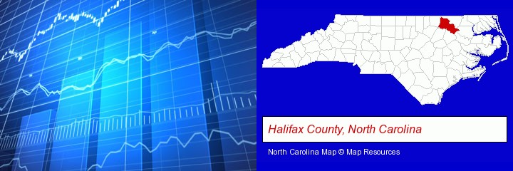 a financial chart; Halifax County, North Carolina highlighted in red on a map