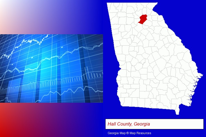 a financial chart; Hall County, Georgia highlighted in red on a map