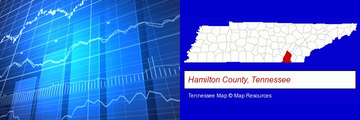 a financial chart; Hamilton County, Tennessee highlighted in red on a map