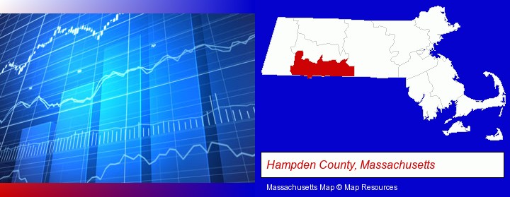 a financial chart; Hampden County, Massachusetts highlighted in red on a map