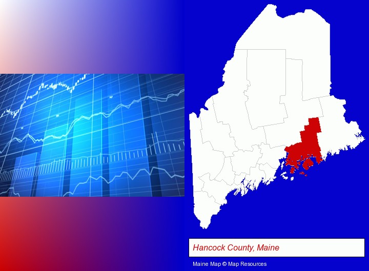 a financial chart; Hancock County, Maine highlighted in red on a map