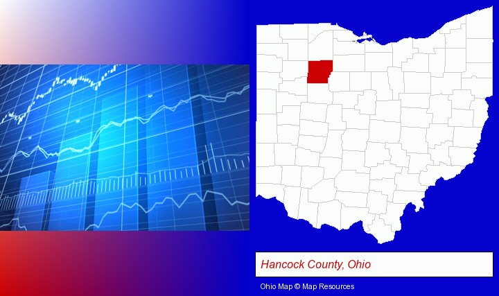 a financial chart; Hancock County, Ohio highlighted in red on a map