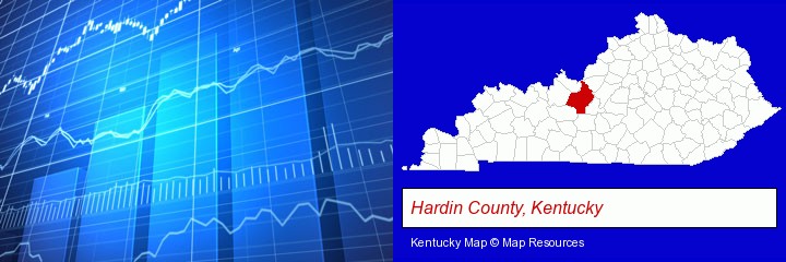 a financial chart; Hardin County, Kentucky highlighted in red on a map