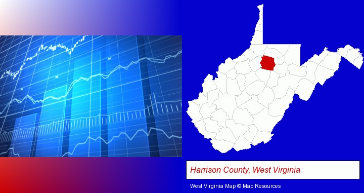 a financial chart; Harrison County, West Virginia highlighted in red on a map