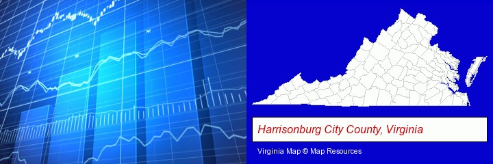 a financial chart; Harrisonburg City County, Virginia highlighted in red on a map