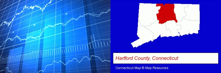 a financial chart; Hartford County, Connecticut highlighted in red on a map