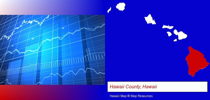a financial chart; Hawaii County, Hawaii highlighted in red on a map