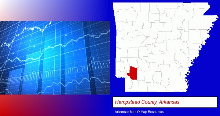 a financial chart; Hempstead County, Arkansas highlighted in red on a map