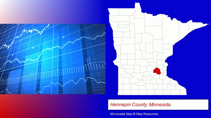 a financial chart; Hennepin County, Minnesota highlighted in red on a map