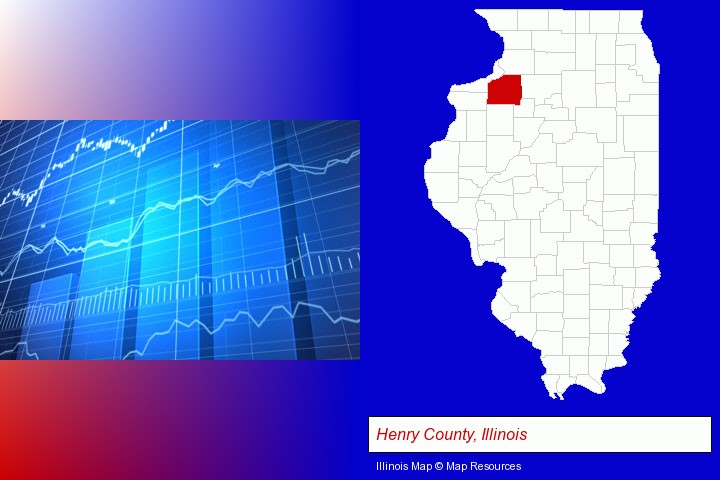 a financial chart; Henry County, Illinois highlighted in red on a map