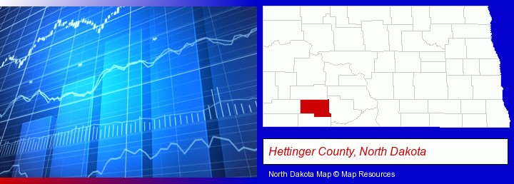 a financial chart; Hettinger County, North Dakota highlighted in red on a map