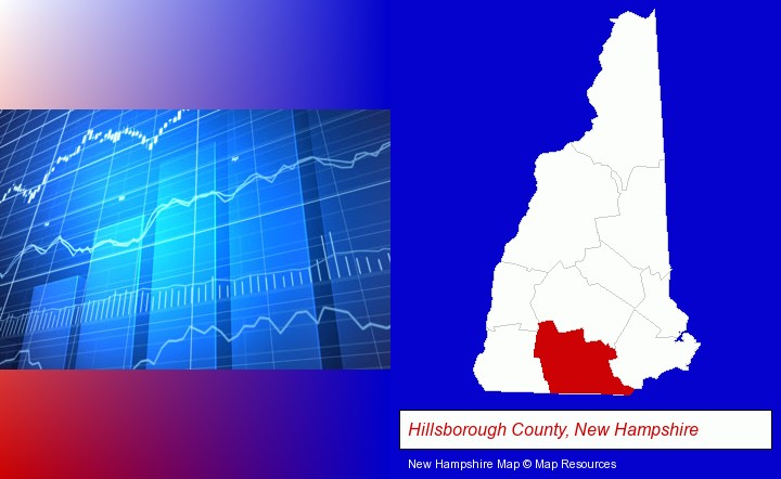 a financial chart; Hillsborough County, New Hampshire highlighted in red on a map