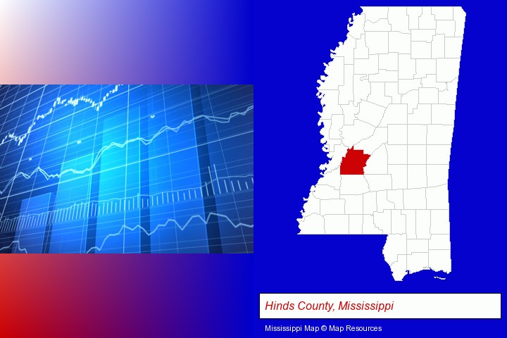 a financial chart; Hinds County, Mississippi highlighted in red on a map