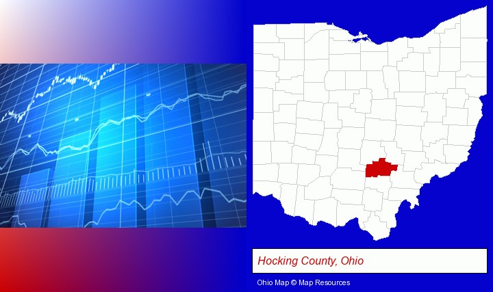 a financial chart; Hocking County, Ohio highlighted in red on a map
