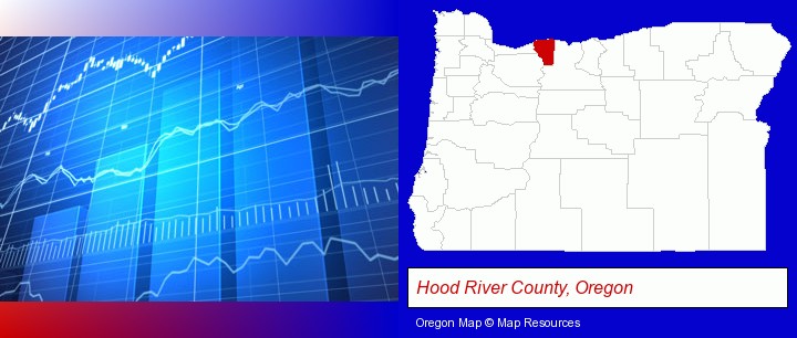 a financial chart; Hood River County, Oregon highlighted in red on a map