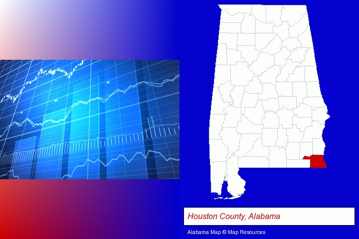 a financial chart; Houston County, Alabama highlighted in red on a map