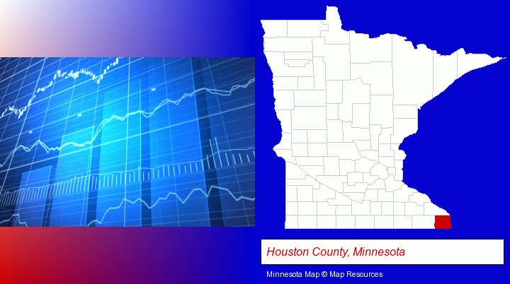 a financial chart; Houston County, Minnesota highlighted in red on a map