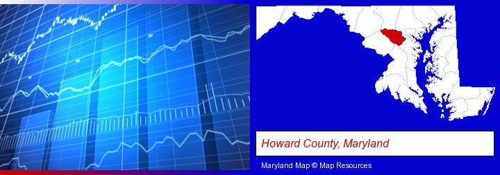 a financial chart; Howard County, Maryland highlighted in red on a map