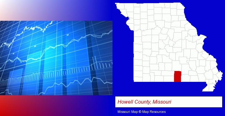 a financial chart; Howell County, Missouri highlighted in red on a map