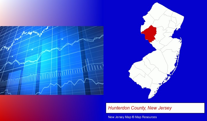 a financial chart; Hunterdon County, New Jersey highlighted in red on a map