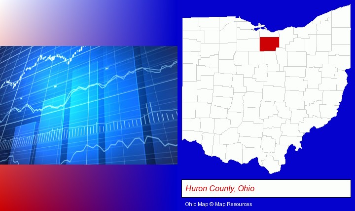 a financial chart; Huron County, Ohio highlighted in red on a map