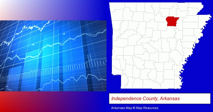 a financial chart; Independence County, Arkansas highlighted in red on a map