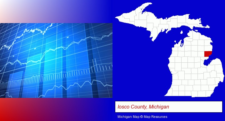 a financial chart; Iosco County, Michigan highlighted in red on a map