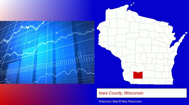 a financial chart; Iowa County, Wisconsin highlighted in red on a map