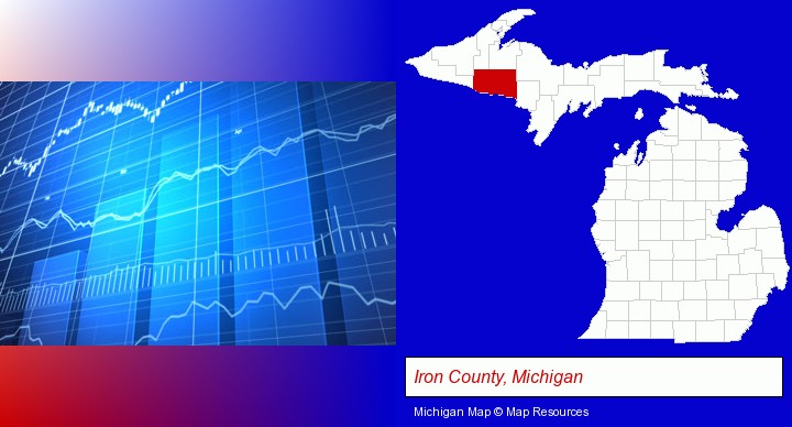 a financial chart; Iron County, Michigan highlighted in red on a map