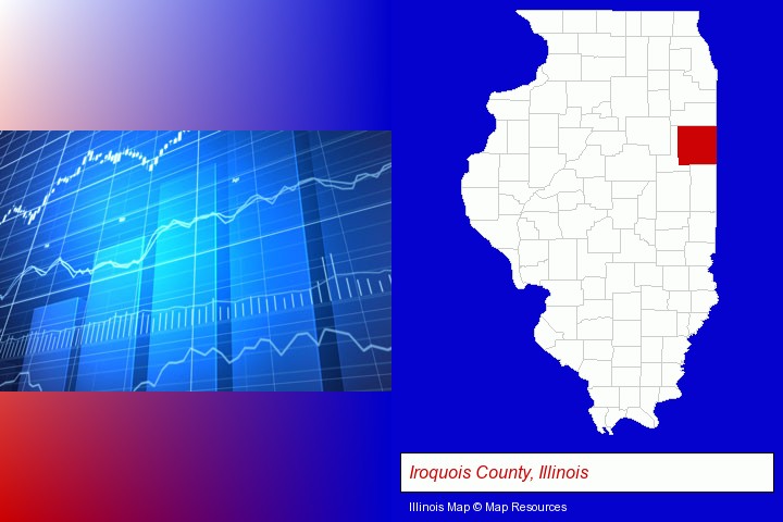 a financial chart; Iroquois County, Illinois highlighted in red on a map
