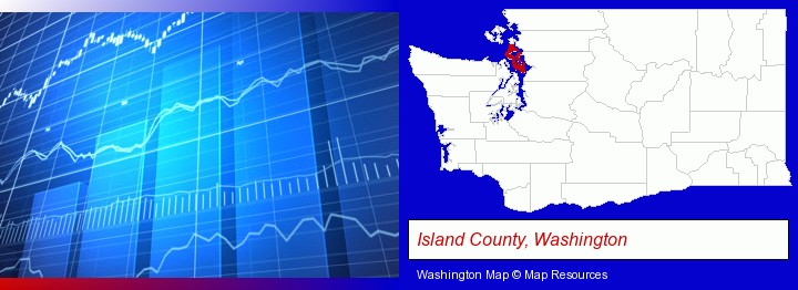 a financial chart; Island County, Washington highlighted in red on a map