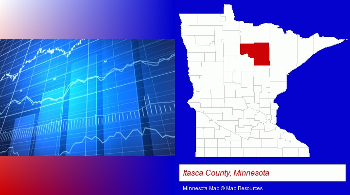 a financial chart; Itasca County, Minnesota highlighted in red on a map