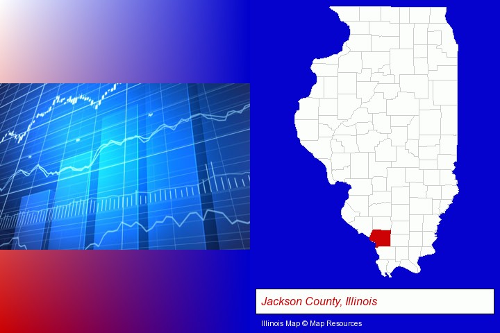 a financial chart; Jackson County, Illinois highlighted in red on a map