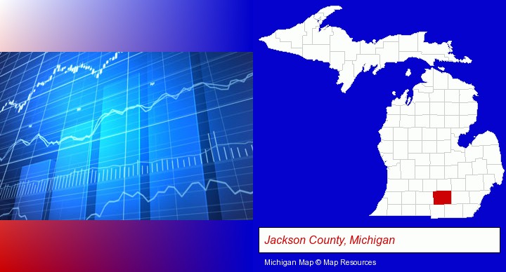 a financial chart; Jackson County, Michigan highlighted in red on a map
