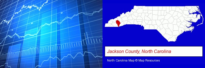 a financial chart; Jackson County, North Carolina highlighted in red on a map