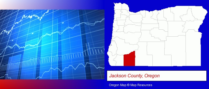 a financial chart; Jackson County, Oregon highlighted in red on a map