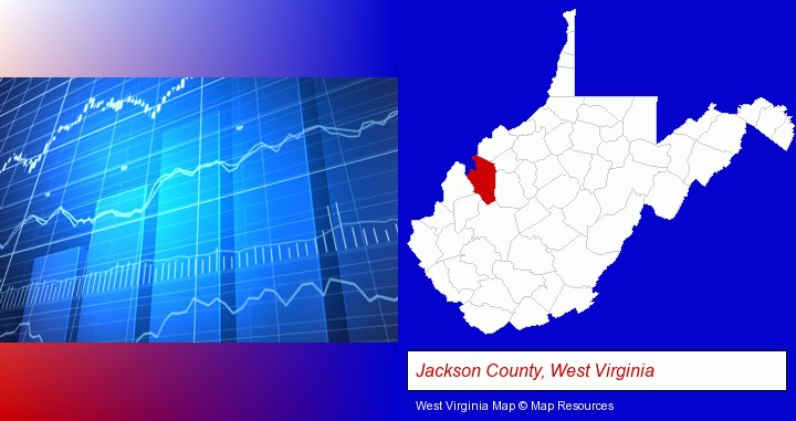 a financial chart; Jackson County, West Virginia highlighted in red on a map