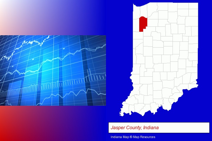 a financial chart; Jasper County, Indiana highlighted in red on a map