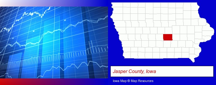 a financial chart; Jasper County, Iowa highlighted in red on a map