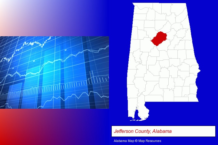 a financial chart; Jefferson County, Alabama highlighted in red on a map