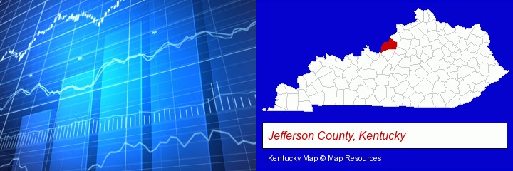 a financial chart; Jefferson County, Kentucky highlighted in red on a map