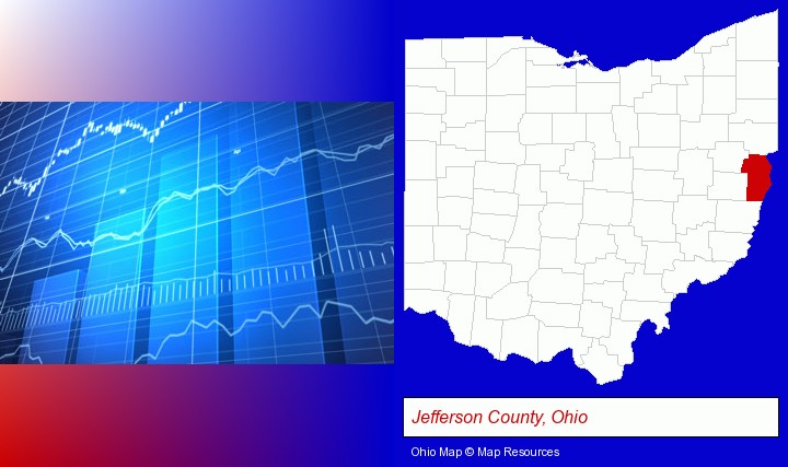 a financial chart; Jefferson County, Ohio highlighted in red on a map