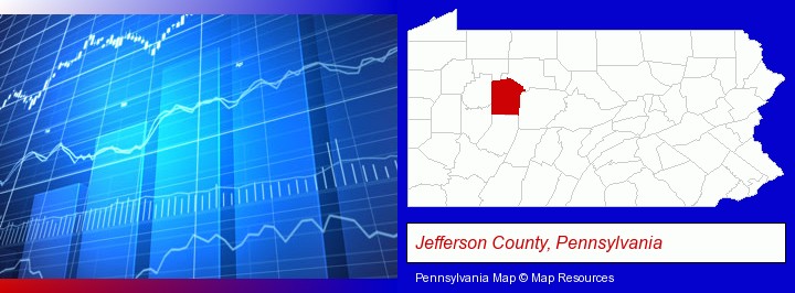 a financial chart; Jefferson County, Pennsylvania highlighted in red on a map