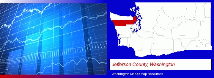 a financial chart; Jefferson County, Washington highlighted in red on a map