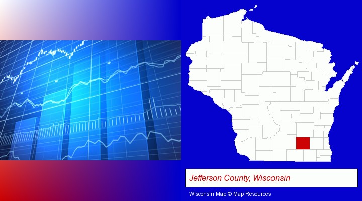 a financial chart; Jefferson County, Wisconsin highlighted in red on a map