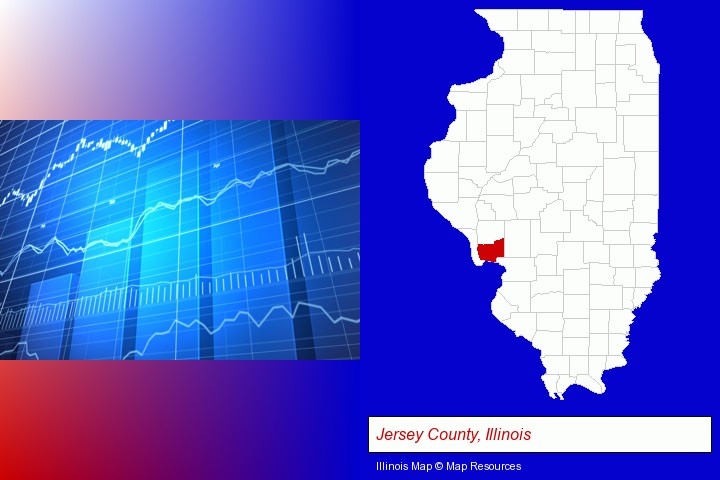 a financial chart; Jersey County, Illinois highlighted in red on a map